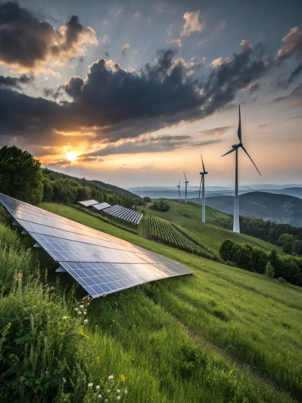 A wind turbine farm at sunset, symbolizing renewable energy and Greenbuild Talent's role in staffing this sector.