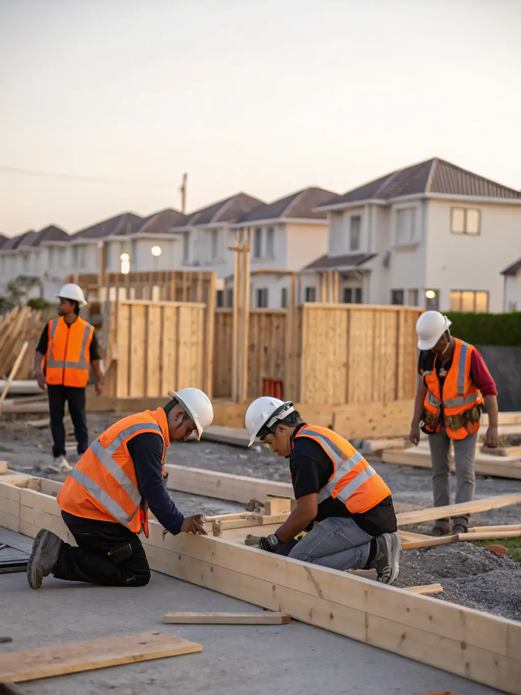 A construction site with workers building a modern, eco-friendly building, showcasing Greenbuild Talent's involvement in the construction sector.
