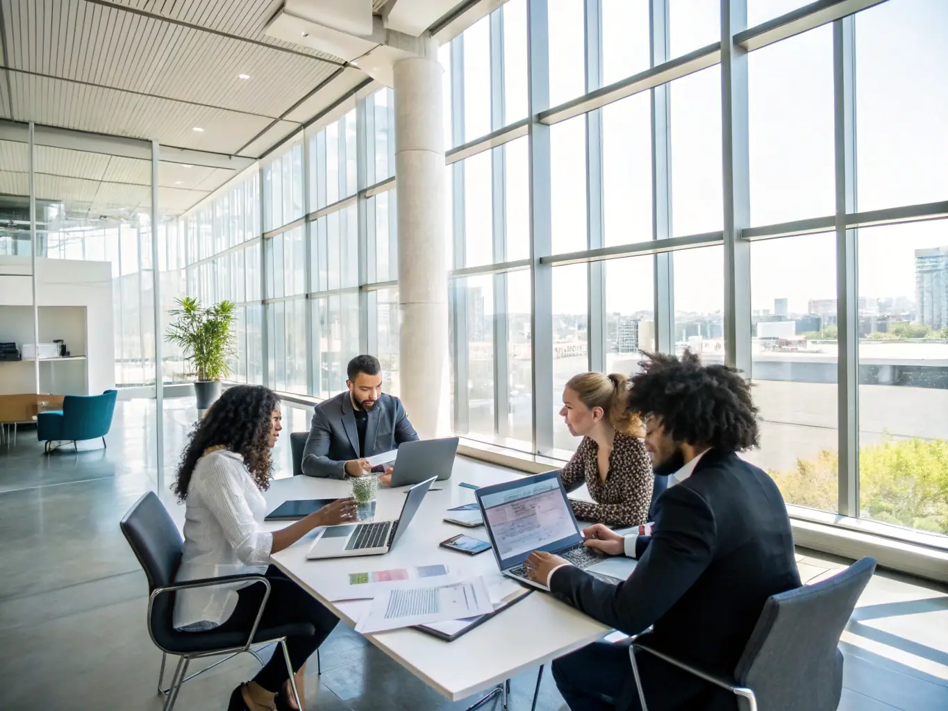 A modern office environment with Greenbuild Talent employees collaborating, emphasizing the agency's commitment to client success.