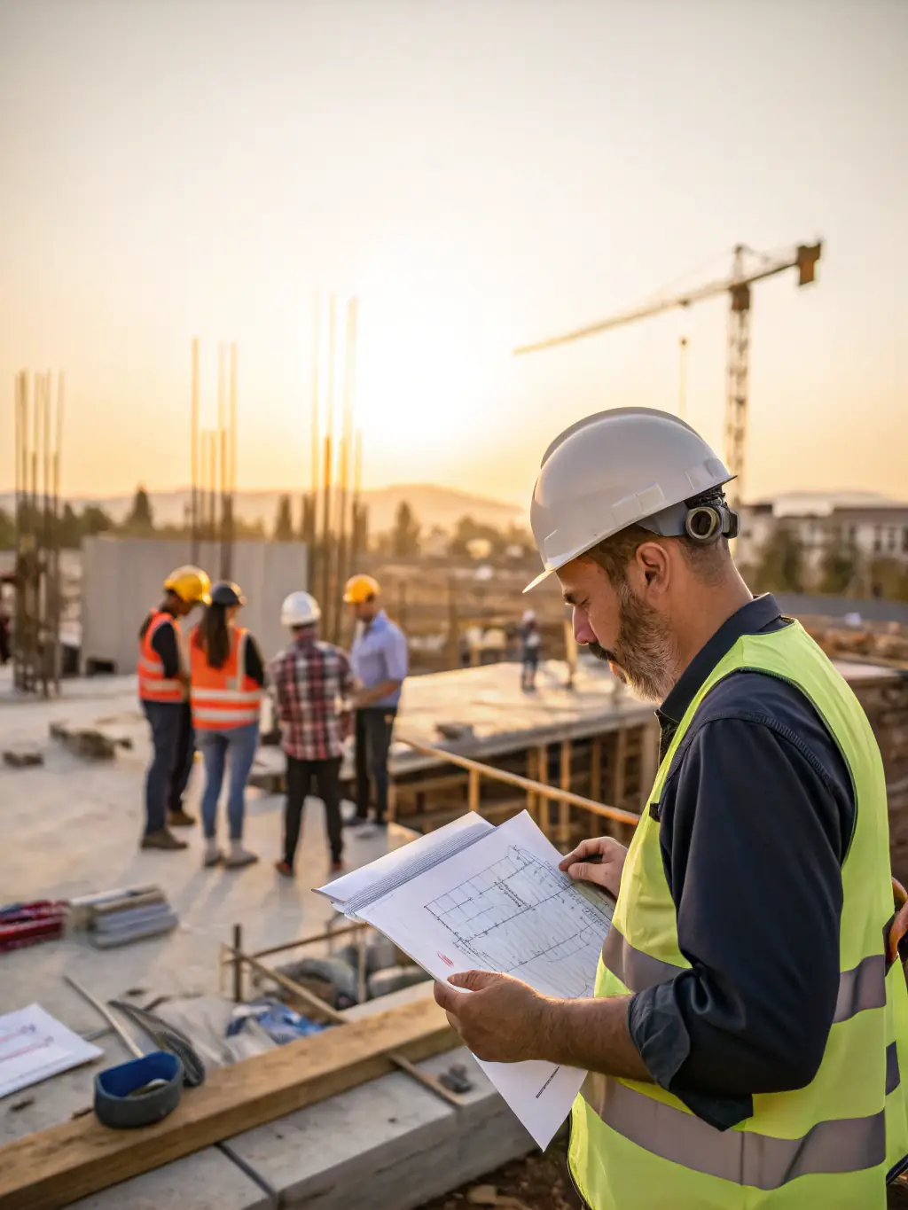 A professional construction site manager reviewing blueprints with a team, emphasizing Greenbuild Talent's expertise in construction recruitment.