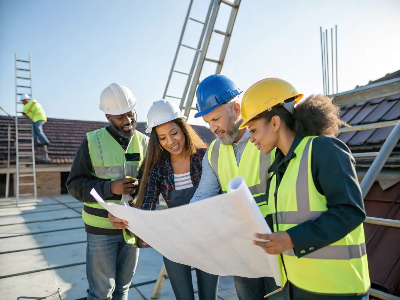 A diverse team of construction workers collaborating on a sustainable building project, showcasing teamwork and expertise.